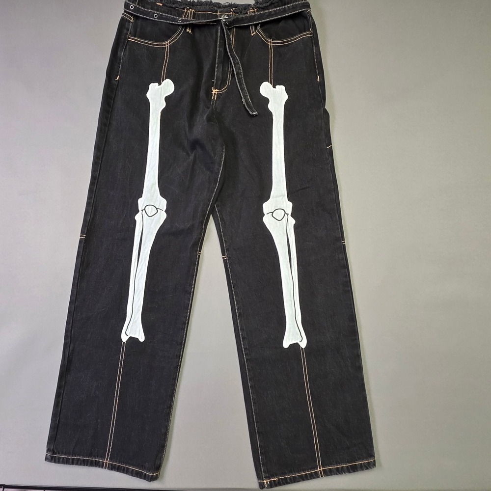 Forever 21 Skeleton Jeans Mens XL Black Excellent 90s Fit Bone Graphic Denim